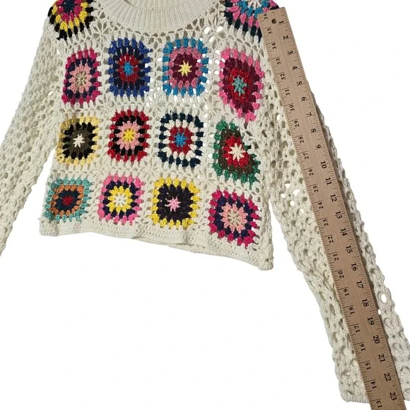 Debut Cream Crochet Granny Square Sweater Long Sleeve Women's Size S - Picture 8 of 9